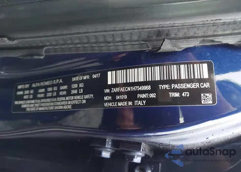 2017 Alfa Romeo Giulia Ti Rwd from USA, damaged, VIN ZARFAECN1H7549968